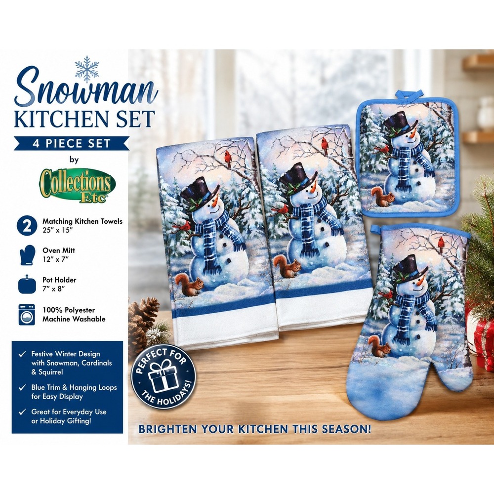 Collections Etc Snowman 4 Piece Kitchen Set Towels Oven Mitt Pot Holder Winter